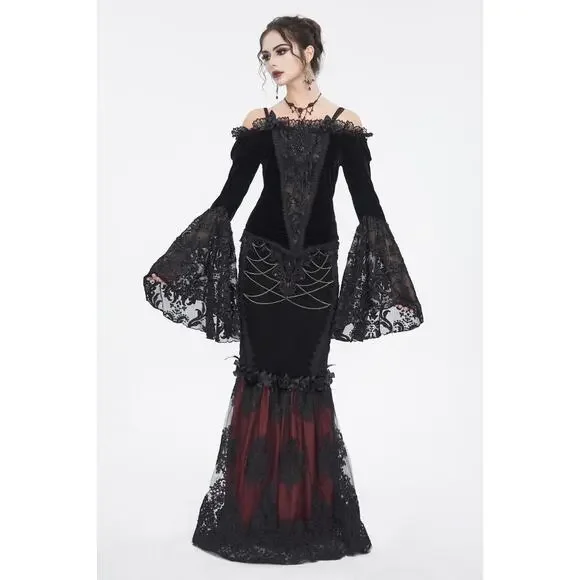 Devil Fashion Gothic Victorian Vampire Black Velvet Beaded Rose & Lace Top - Picture 15 of 16